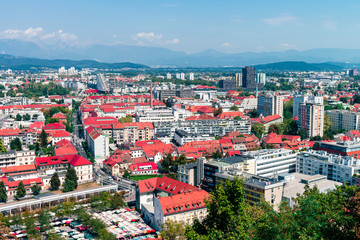 Slovenia, Ljubljana - panoramic view from the top of The Ljubljana Castle. Summer noon sun photo