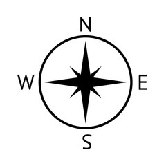 Flat simple compass isolated on white background. Black color outline navigator icon in the cartoon style. Vector compass illustration. Symbol of navigation in space and around the world.