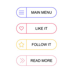 Flat simple illustration of buttons isolated on white background. Color icons main menu buttons set in the cartoon style. Colorful toggle switch. Vector image. Main menu items.