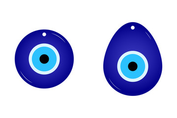 Flat simple amulet isolated on white background. Blue color icon of cute talismans in the cartoon style. Vector illustration. Image of Fatima's Eye. Amulet from evil eye. Nazar. Magic Item, Attribute.