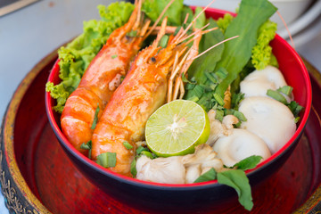 Tom yam kong with noodle, Tom yam is a spicy soup in Thailand