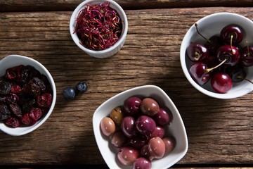 Various fruits and vegetables on wooden table