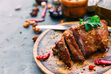 Sliced medium rare grilled Beef steak