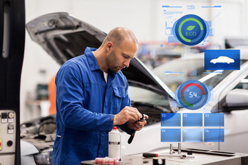 mechanic man with wrench repairing car at workshop