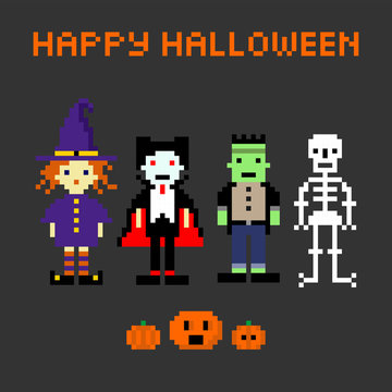 Halloween set in style of eight-bit game. Witch, Dracula, Frankenstein, skeleton.Pumpkin, inscription happy Halloween.Vector illustration