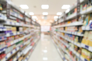 Blurry view of supermarket,Wide perspective view shelves variety of snacks, defocused blurry...