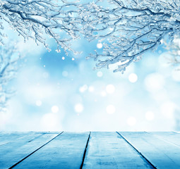 Christmas winter background with wooden table