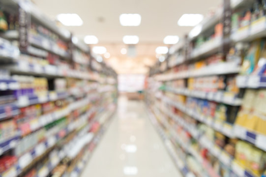 Blurry view of supermarket,Wide perspective view shelves variety of snacks, defocused blurry background bokeh light in supermarket. Business concept.