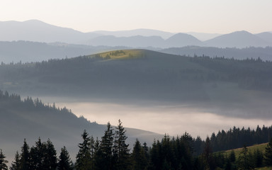 Obraz na płótnie Canvas Morning fog at sunrise in the mountains. The Ukrainian Carpathians.