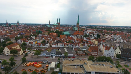 Obraz premium Aerial view of Lubeck at sunset, Germany