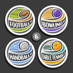 Vector set of sport logos, 4 round simple badges with flying ball on curved trajectory, circle sports signs of minimal design with games equipment, original type for words of different kind of sport.