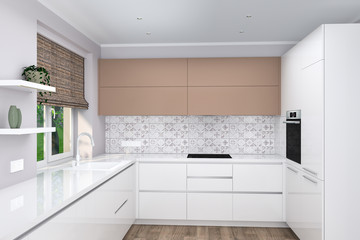 Fototapeta na wymiar Realistic 3D rendering. Modern creative white kitchen furniture design in light interior. Interior design. Glossy facades. Home Interior Design Software Programs. Scandinavian design.