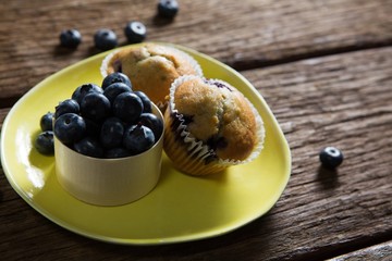 Blueberries and muffins on plate