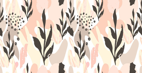 Abstract hand drawn header. Brushstrokes in pastel colors and tree branches. Horizontal seamless pattern.Vector. Covers, Flyers, banners, presentations, books, notebooks. - 177443383