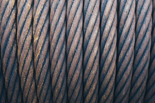Close up rusty, metal cables used for commercial fishing