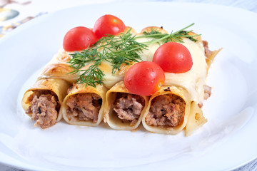 Baked cannelloni with cheese and tomatoes on a white plate