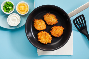 cooking pancakes in a non-stick frying pan on a blue background