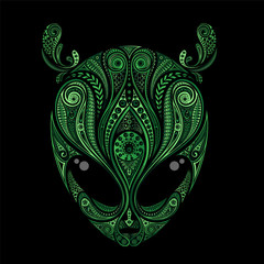 Green vector drawing of an alien's head with antennas from patterns