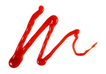 red ketchup splashes isolated on white background, tomato pure texture