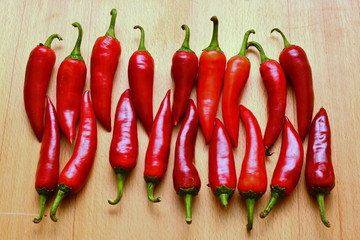 harvest autumn fresh cayenne red hot chili peppers on wooden table