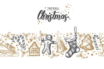 Christmas background with hand drawn golden doodle holly,bells,gingerbread,sleigh and christmas sock.Hand made quote "Merry Christmas Happy New Year". Sketch. Vector. Banner, poster, flyer, brochure.