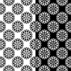 Black and white floral seamless ornaments. Set of backgrounds