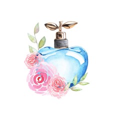 Blue perfume bottle with pink flowers roses around fashion illustration 