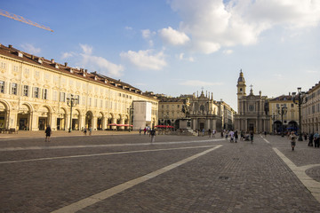 Fototapeta premium Monuments of Piazza San Carlo, one of the main city squares in Turin, Italy