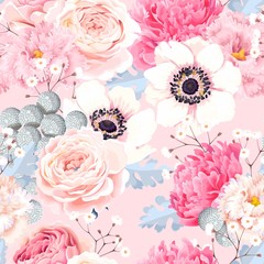 Seamless pattern with anemones and roses