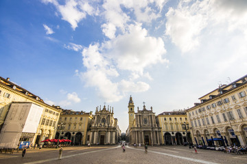 Obraz premium Monuments of Piazza San Carlo, one of the main city squares in Turin, Italy