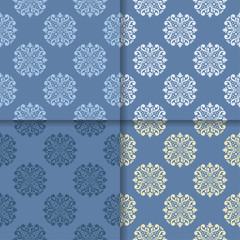Wallpaper set of blue seamless patterns with floral ornaments
