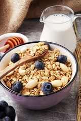 Oat flakes with milk, honey, blueberries, raspberries and nuts.