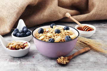 Oat flakes with milk, honey, blueberries, raspberries and nuts.