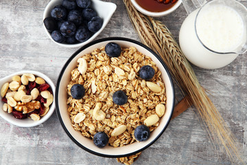 Oat flakes with milk, honey, blueberries, raspberries and nuts.