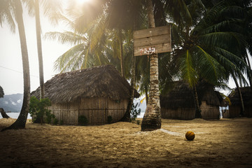 Ein Basketballkorb an einer Palme am Strand auf einer Insel Panamas