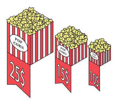 boxes with popcorn, buckets with snacks, red stripes, vector image, flat design