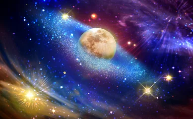 Deurstickers Volle maan met ster bij donkere nachtelijke hemel. © Swetlana Wall