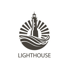 lighthouse icon image with ocean waves and seagulls