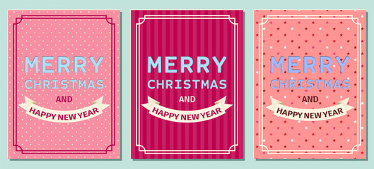 Christmas cards in retro style. Vintage set of Merry Christmas greeting postcards. Vector illustration.