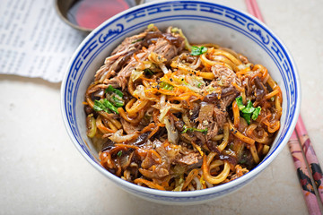 Hoisin duck noodles. Egg noodles with strips slow roasted duck in hoisin sauce with oak choi. 