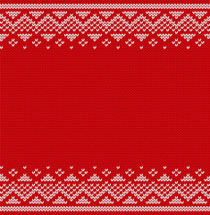 Fototapeta na wymiar Knitting seamless pattern with text Be happy. Knit Christmas and new year design. Vector. Knitted winter ornaments. Red textured background.