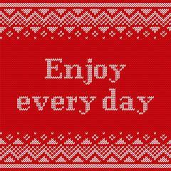 Fototapeta na wymiar Knitting seamless pattern with text Be happy. Knit Christmas and new year design. Vector. Knitted winter ornaments. Red textured background.