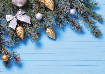 Christmas decoration on blue wooden background