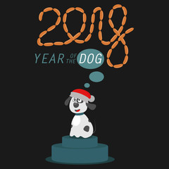 Cute Dalmatian dog in Santa hat dreams of a sausage stylized font 2018. Christmas vector card with little cartoon puppy on podium with black background. Chinese new year of the earth dog