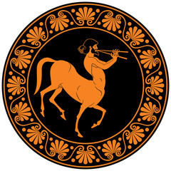 Centaur, half horse half human mythological creature, plays music on an aulos, Ancient Greek wind music instrument, red-figure vase painting style vector illustration  - obrazy, fototapety, plakaty