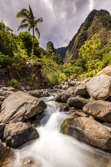 Fototapeta na wymiar Lush Iao Valley Stream. Tropical scene with the Iao needle, a lone palm tree and long exposure of the lush stream down the valley on West Maui, Hawaii. 