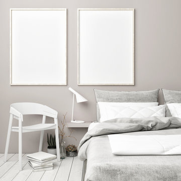 Scandinavian bedroom with mock up posters , 3d render, 3d illustration