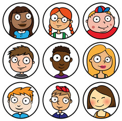 Cartoon vector design illustration of children people face icons, multicultural diversity friends