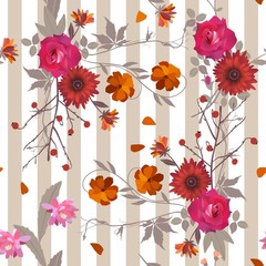 Seamless striped pattern with roses, cosmos and cactus flowers and red berry on the branch..Beautiful vector illustration.