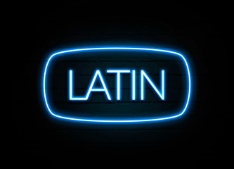 Latin  - colorful Neon Sign on brickwall